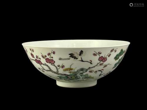 A 'famille rose' Bowl with Cranes, 19th century or later