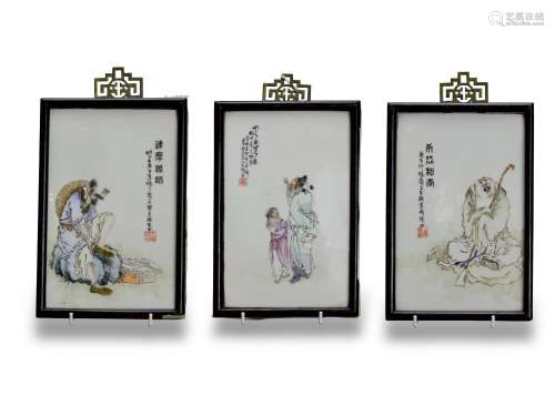 Three Porcelain Plaques of Figures, two signed Wang Qi