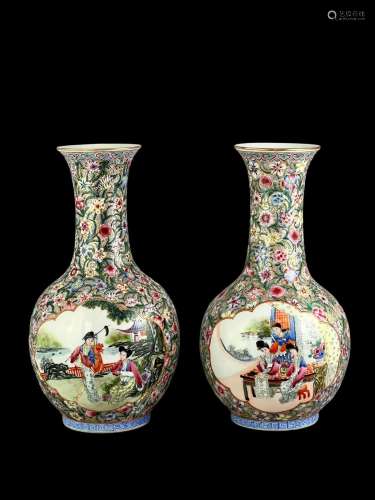 A Pair of ‘millefleur’ ground Bottle Vases, Republic period