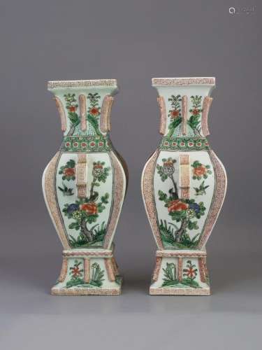 A Pair of 'famille verte' Vases, fang hu, 19th century