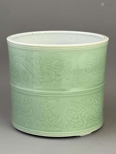 A Carved Celadon Dragon Brushpot, Qing dynasty or later