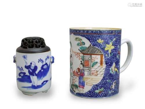 A 'famille rose' Mug, And a blue and white Pot, Qing dynasty