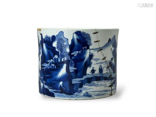 A blue and white landscape brushpot