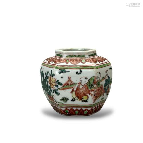 A’ famille-verte’  hexagonal jar with boys playing, marked W...