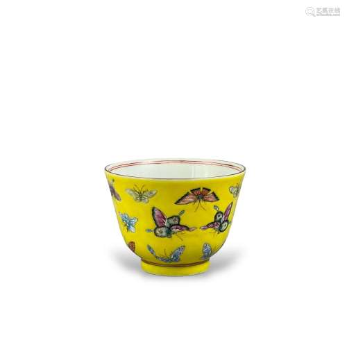 A yellow ground Butterfly Cup, six character mark of Guangxu...