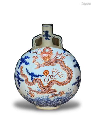 An underglaze-blue and iron red dragon moon flask, marked Qi...