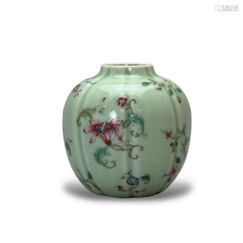 A celadon-ground ‘famille-rose’ flowers jar, marked Qianlong...