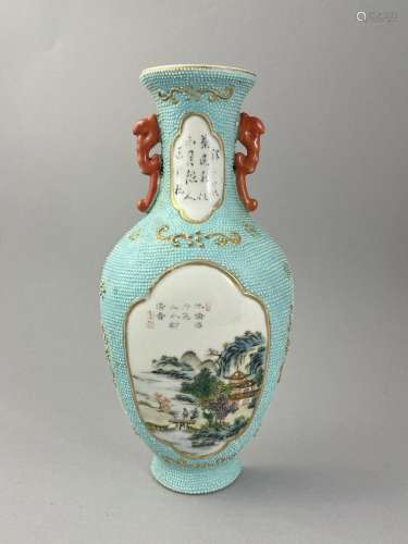 A robin’s-egg-ground famille gilt-decorated rose wall vase, ...