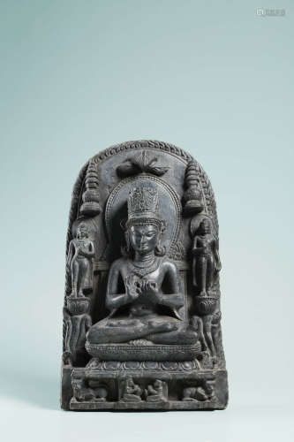 九到十一世纪 帕拉王朝黑石雕说法释迦摩尼像
