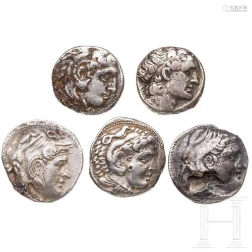 Five Hellenistic tetradrachms, silver, 4th - 2nd century B.C...
