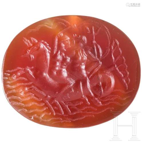 A Greek gem with Poseidon and Nereid riding on a hippocamp, ...