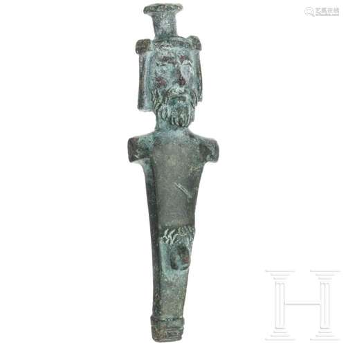 A Roman bronze miniature of a herm with Serapis head, 2nd - ...