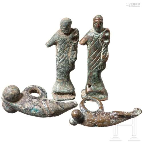 Two Roman miniature statuettes of Mercury and two phallic pe...