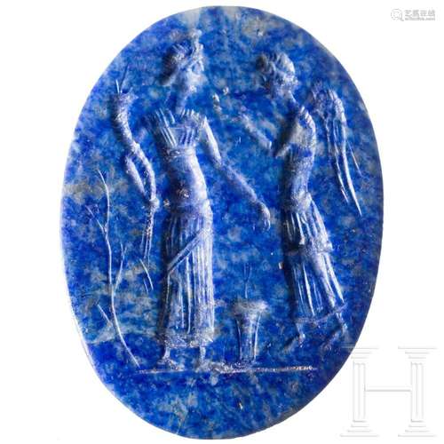 A Roman lapis lazuli gem with Fortuna and Victoria, 2nd - 3r...