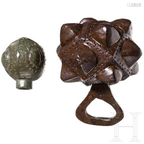 Two Southeast European bronze pendants of whip maces, 12th -...