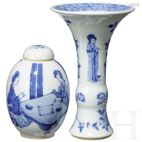 A small blue and white Gu-form vase and a jar, probably Kang...