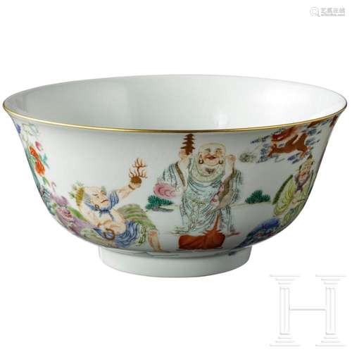 A fine famille rose '18 Luohan' bowl with Daoguang m...