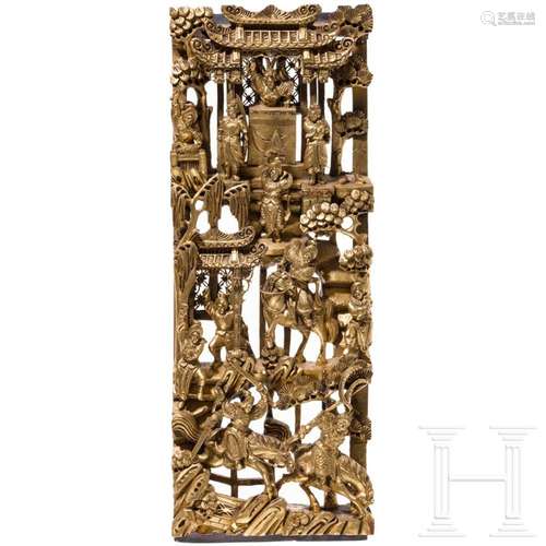 A figurally carved Chinese wood panel, probably Republic per...