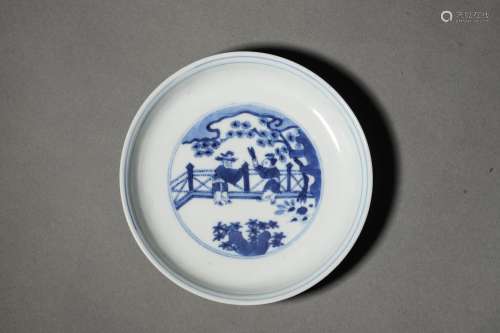 A QING PERIOD BLUE AND WHITE 'FIGURAL' DISH