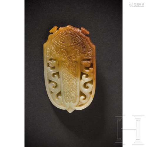 A Chinese celadon jade cicada with russet inclusions, 20th c...