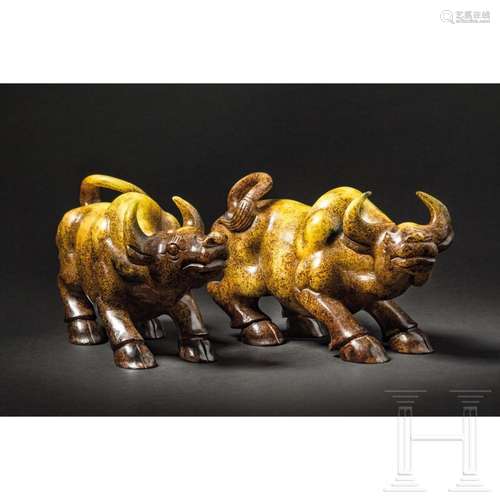 A magnificent pair of Chinese jade oxen, 20th century