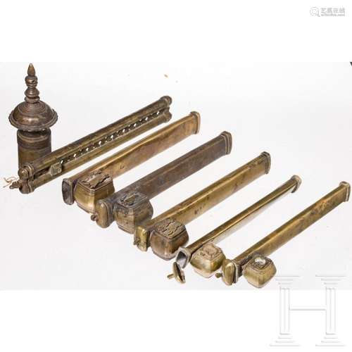 Five Qalamdan with inkwells and one davat-i daulat, Ottoman ...