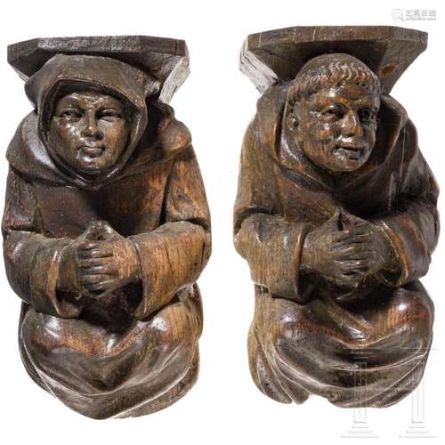 A pair of figurally carved German consoles, circa 1880