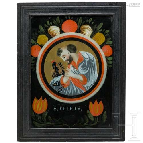 A German reverse glass painting (icon) showing Apostle Peter...