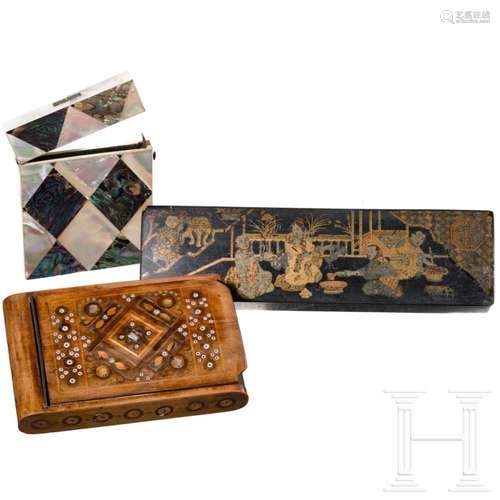 A mother-of-pearl case, a Chinese lacquer box and a wooden c...