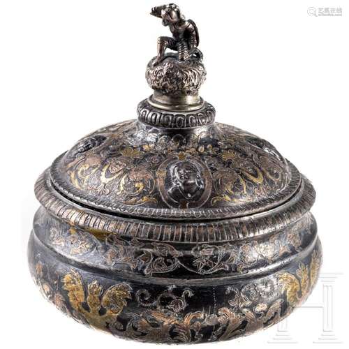 A silver inlaid lidded box (bidri technique)