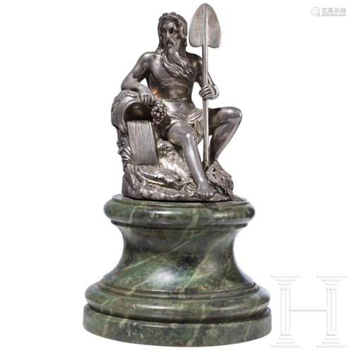 A silver table decoration showing Neptune on wood stand, cir...