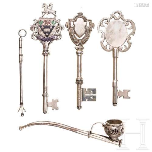 Three silver keys, a silver whisk and a plated pipe, 20th ce...