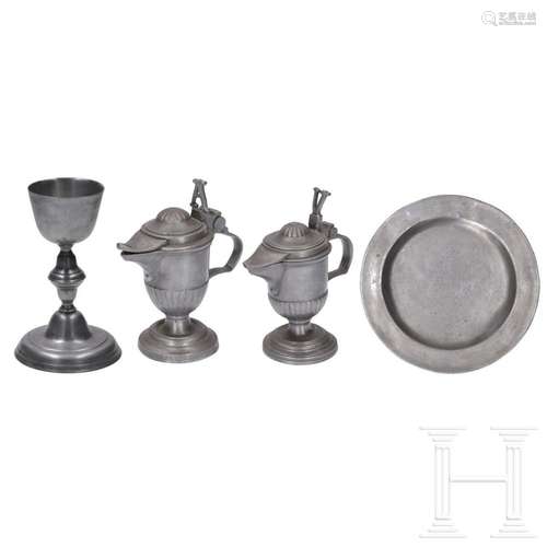 Four German pieces of sacred pewter, 18th/19th century