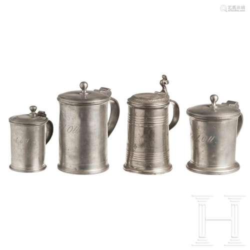 Three Franconian scale cups and a pewter mug, 19th century