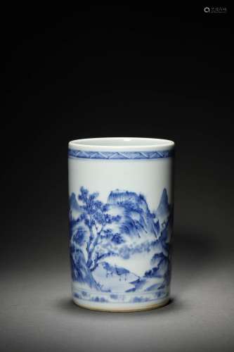 A QING PERIOD BLUE AND WHITE 'LANDSCAPE' BRUSH POT