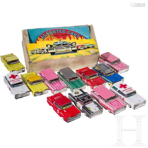 A retail box with twelve assorted US model cars, made in Jap...