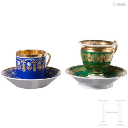 Two hand-painted coffee cups with saucers, probably Russian ...