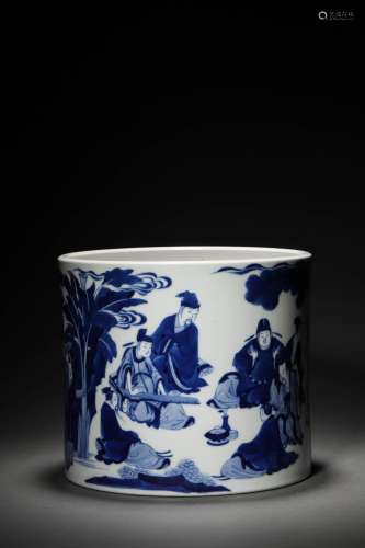 A QING KANGXI PERIOD BLUE AND WHITE 'FIGURAL' BRUSH POT