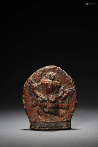 A CHINESE POTTERY MINI SIZED FIGURE OF BUDDA