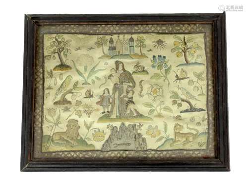 A 17th century stumpwork panel depicting a mother and childr...