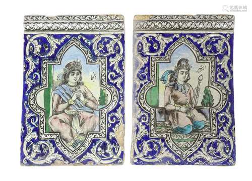 Two large Persian fritware polychrome ’portrait’ tiles, Qaja...