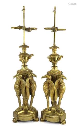 A pair of Empire Revival ormolu table lamps, overall 91cm hi...