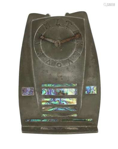 A Liberty & Co Tudric pewter and abalone inlaid mantel t...