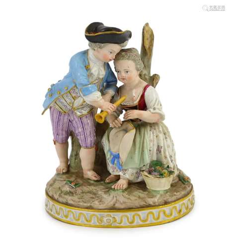 A Meissen group of a boy and a girl with a piccolo, 19th cen...