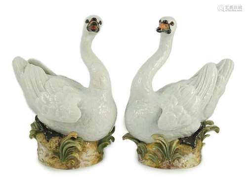 A pair of large Meissen models of swans, 19th century, one n...