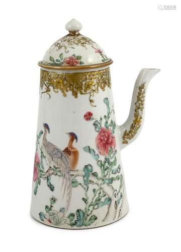 A Chinese export famille rose fencai chocolate pot and cover...