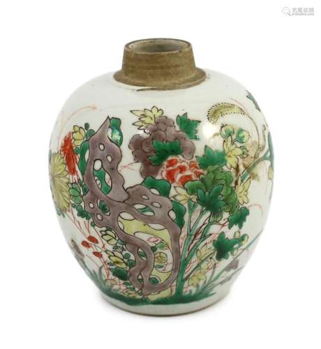 A Chinese famille verte small ovoid jar, Kangxi period, some...