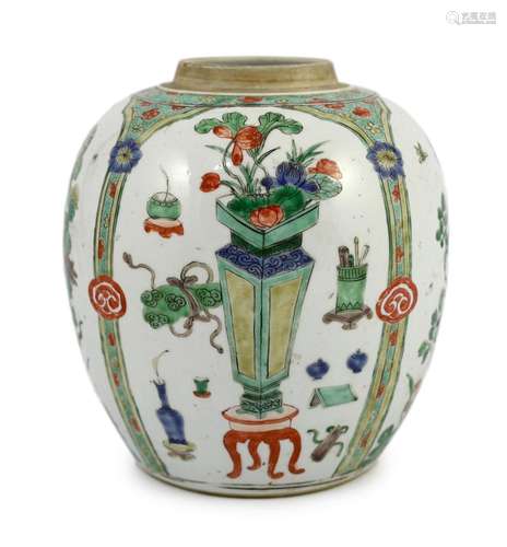 A Chinese famille verte 'Hundred Antiques' ovoid jar...