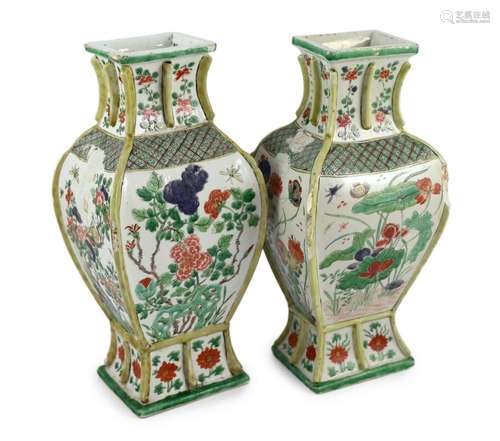 A pair of Chinese famille verte vases, fanghu, Kangxi period...