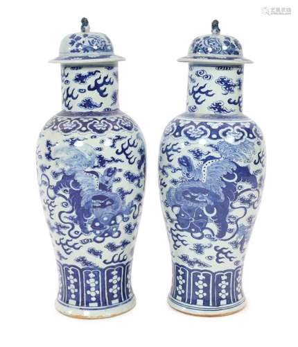 A pair of large Chinese blue and white ‘Buddhist lion’ vases...